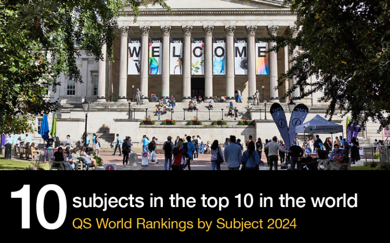 Image of ϲʿportico with text: 10 subjects ranked in the top 10 in the world, QS World University Rankings by Subject